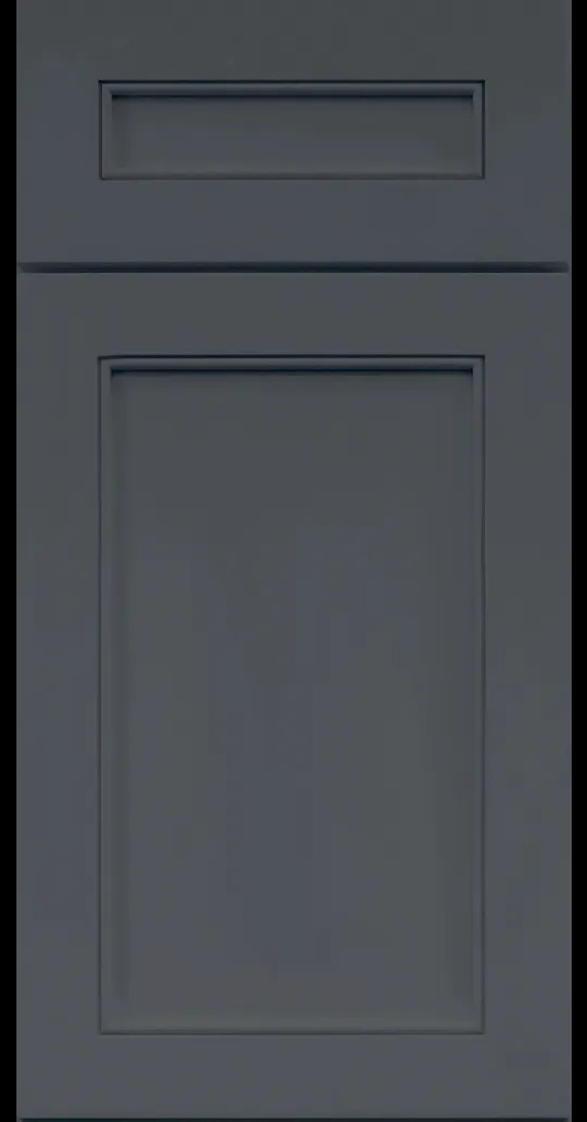 Alpine-style mitered shaker cabinet in Sea Matte with a flat center panel and inside bead detail.